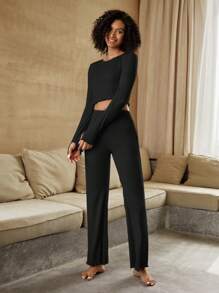 Ocili Leisure Comfortable Rayon Solid Lettuce Thumb Hole Crop Top & Flare Leg Pants Women Lounge Set, Black Holiday Season Outfit Cozy And Elegant Details, Fall Winter Clothes - Black - View 2