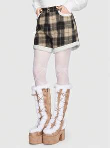 ROMWE Kawaii Plaid Pattern Teddy Panel Shorts - Multicolor - View 3