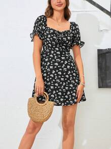 Soleia Robe Imprimé Floral À Cordon Manches Bouffantes