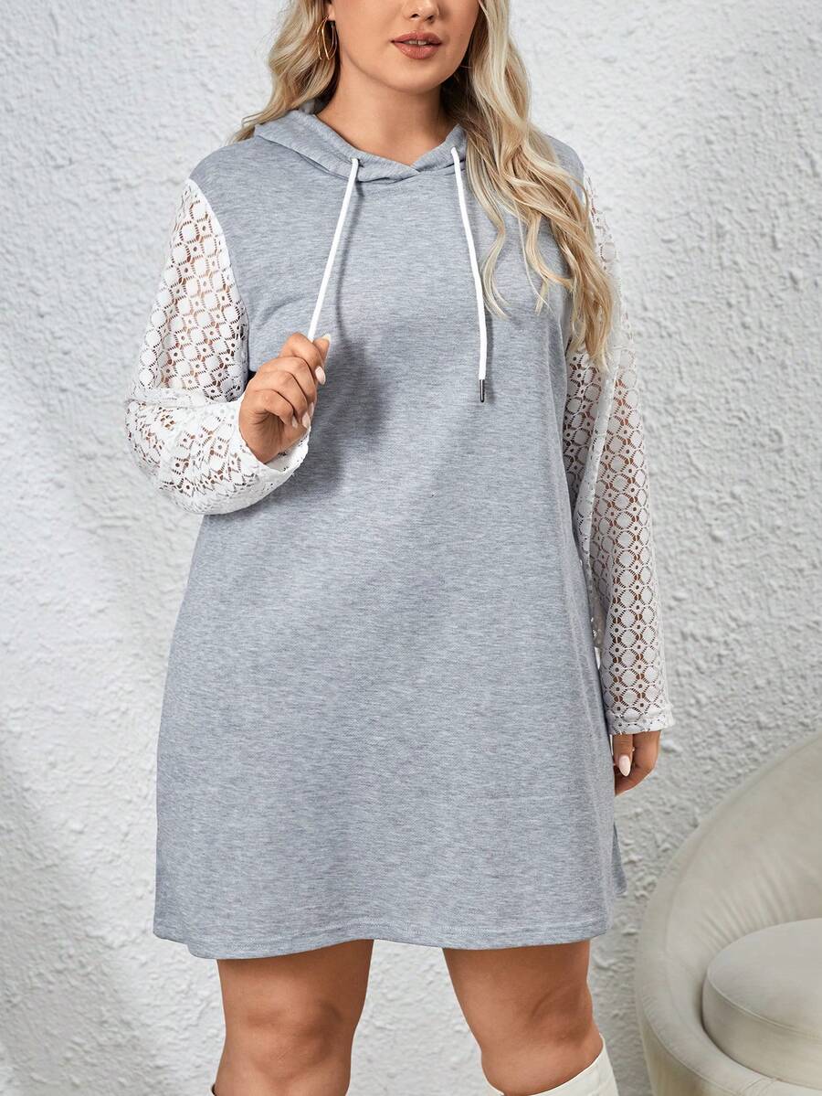SHEIN LUNE Plus Contrast Lace Drawstring Hooded Dress - Grey - View 1