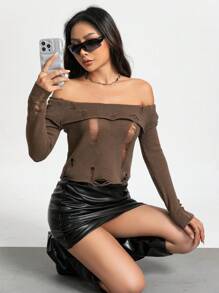 SHEIN Unity Off Shoulder Ripped Asymmetrical Hem Crop Knit Pullover Fall Winter Sweater - Khaki - View 5