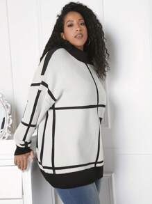 SHEIN CURVE+ 大碼格紋圖案落肩袖套頭毛衣 - 黑與白 - 查看 4