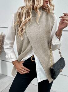 SHEIN Clasi 小高領圍裹毛衣背心不帶襯衫 - 駝色 - 查看 3