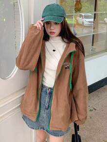 DAZY Thêu Chữ Dây kéo Thả vai Dây rút áo có mũ Lông cừu áo - Màu Khaki - Xem 6