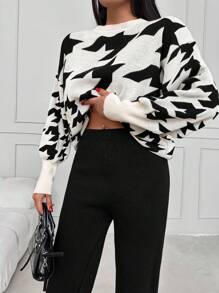 Đồ họa Houndstooth Thả vai Áo len & Quần dệt kim - Đen và trắng - Xem 4