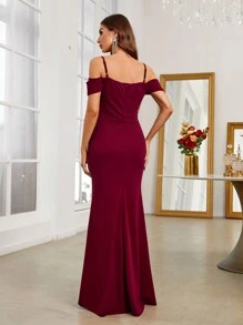 SHEIN Belle Burgundy Red Cold Shoulder Contrast Sequin Mermaid Hem Formal Dress - Burgundy - View 2