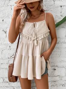 SHEIN VCAY Tassel Trim Tie Front Ruffle Hem Cami Top - Apricot - View 5