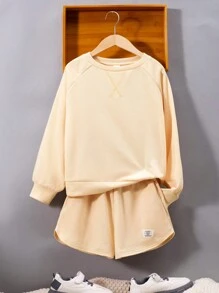 SHEIN Tween Girl Raglan Sleeve Sweatshirt & Letter Patched Detail Shorts - Apricot - View 1