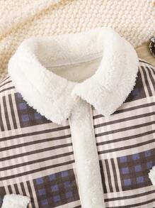 男小童格紋印花羊絨領口花呢外套 - 咖啡棕 - 查看 6