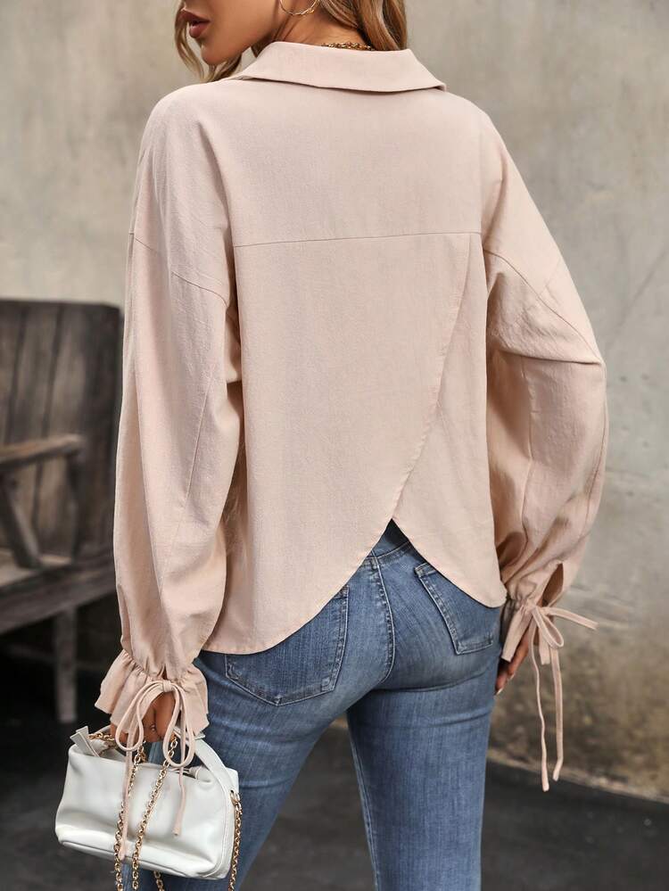 Solid Knot Cuff Flare Sleeve Blouse Fall Cloth For Women