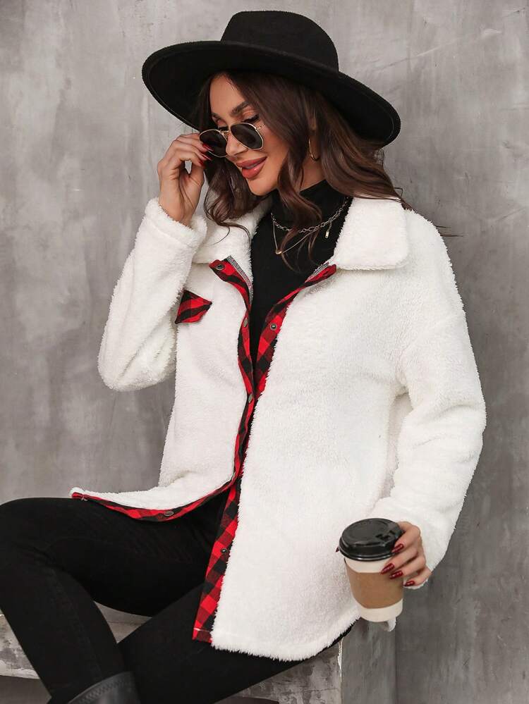 Plaid Panel Drop Shoulder Teddy Coat