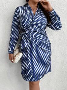 SHEIN Clasi Plus Polka Dot Print Knot Side Wrap Dress - Navy Blue - View 5