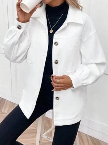 SHEIN LUNE Drop Shoulder Pocket Patched Overcoat - Red and White - View 4