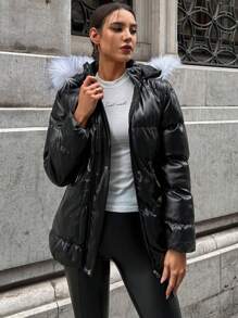 Cloudara Fuzzy Trim Hooded Belted Padded Coat - Black - View 3