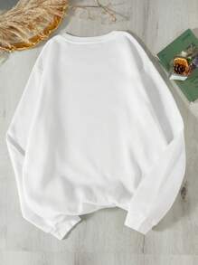 SHEIN EZwear 字母圖案加絨內裏運動衫 - 白色 - 查看 2