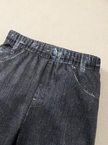 SHEIN 女小童羊絨領口毛絨內襯夾克和牛仔效果印花長褲 - 卡其色 - 查看 5