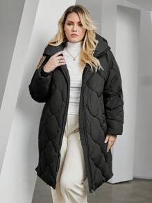 Astrid Plus Size Zip Up Hooded Quilted Padded Coat - Black - View 1
