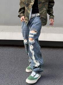 Manfinity EMRG Men Splash Ink Print Ripped Frayed Straight Leg Jeans Without Belt Oversize Long Acid Wash Jean Cargo Plain Dark Blue Going Out Punk Rock Rapper - Light Wash - View 4