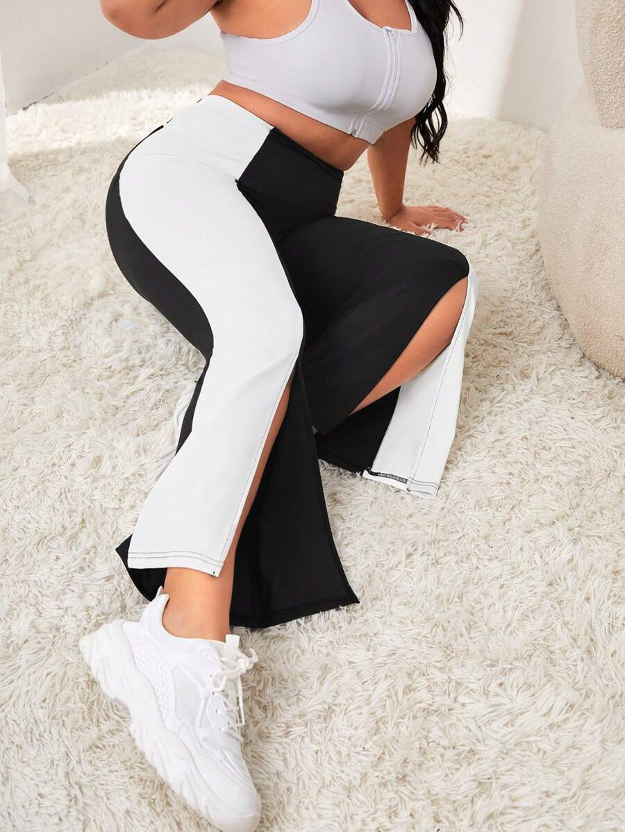 Easithlete Plus Colorblock Split Hem Sports Pants - Black and White - View 1
