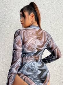SHEIN EZwear Plus Marble Print Mock Neck Mesh Bodysuit Without Bra