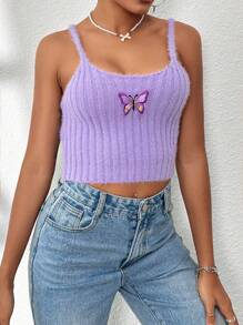 SHEIN Unity Butterfly Embroidery Cami Knit Top - Purple - View 1