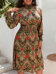 SHEIN VCAY Plus Paisley Print Mock Neck Dress - Multicolor - View 1