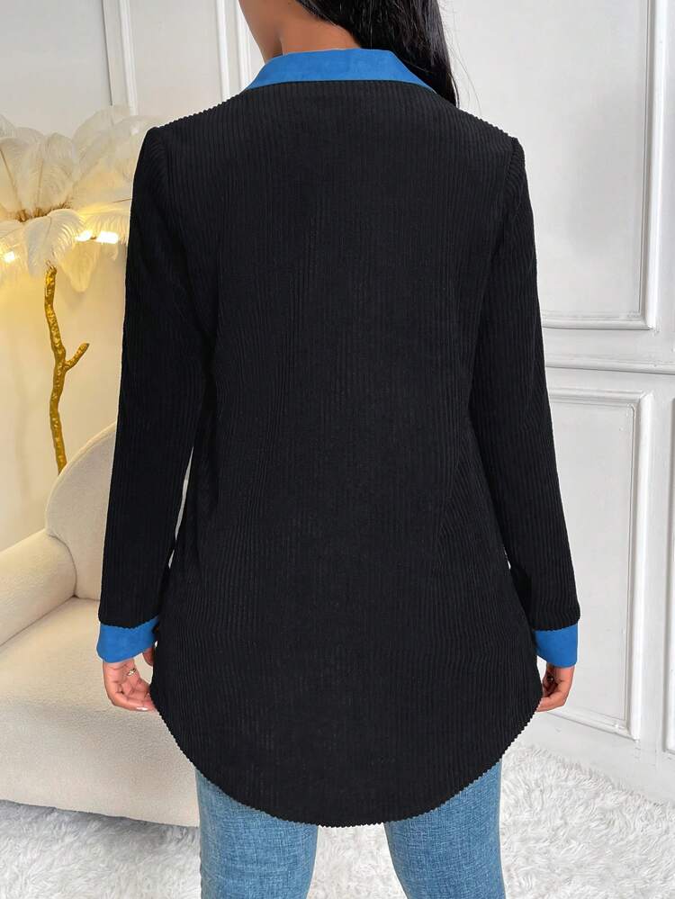 Contrast Trim Button Front Coat Fall Cloth For Women