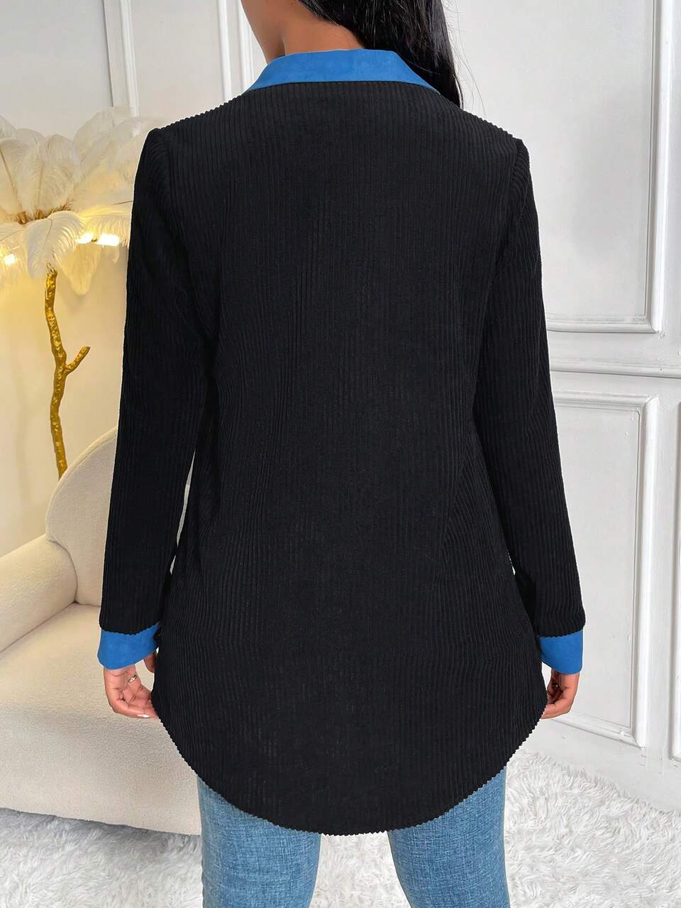 Contrast Trim Button Front Coat Fall Cloth For Women