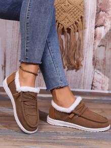 女秋冬時尚低胸保暖厚襯平跟繫帶休閒雪靴 - 棕色 - 查看 4