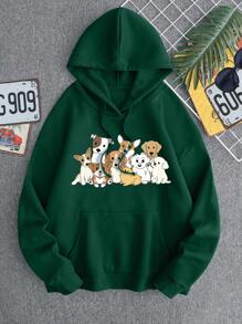 Men Cartoon Graphic Kangaroo Pocket Drawstring Thermal Hoodie - Green - View 1