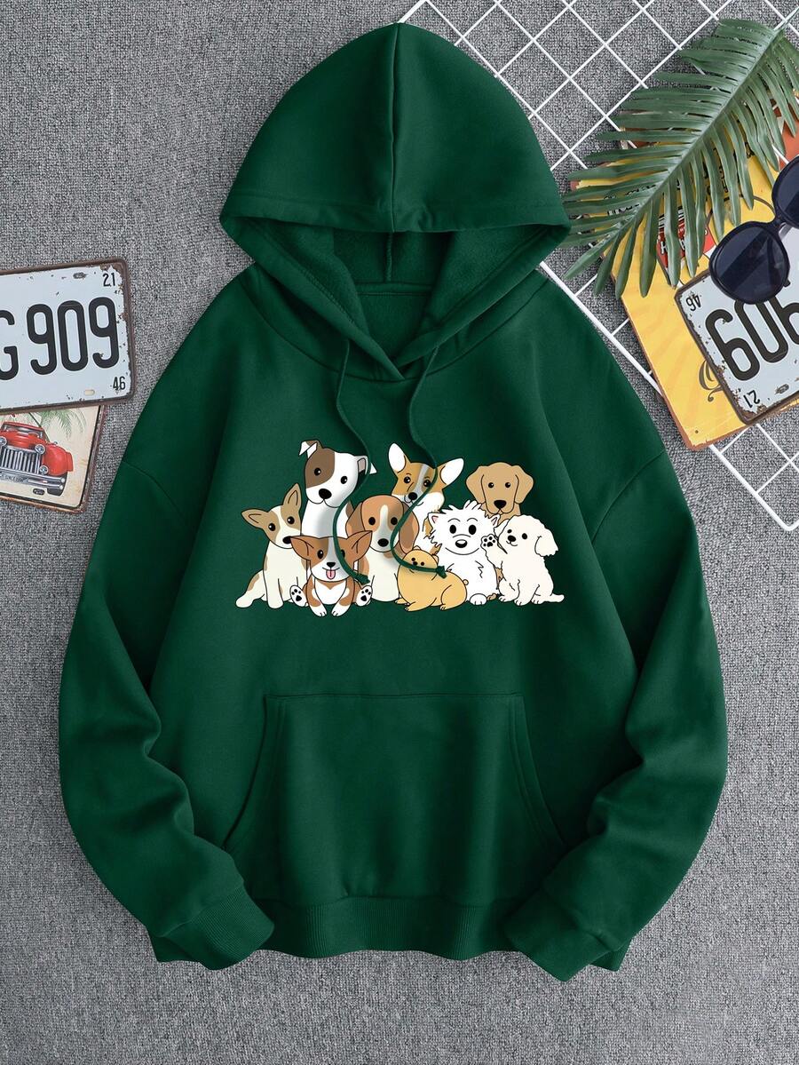 Men Cartoon Graphic Kangaroo Pocket Drawstring Thermal Hoodie - Green - View 1