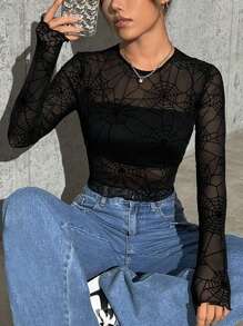 SHEIN EZwear Spider Web Print Lettuce Trim Crop Mesh Top Without Cami Top