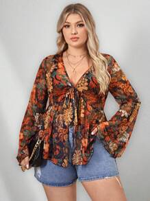 SHEIN VCAY Plus Floral Print Knot Front Flare Sleeve Peplum Tee - Black - View 3