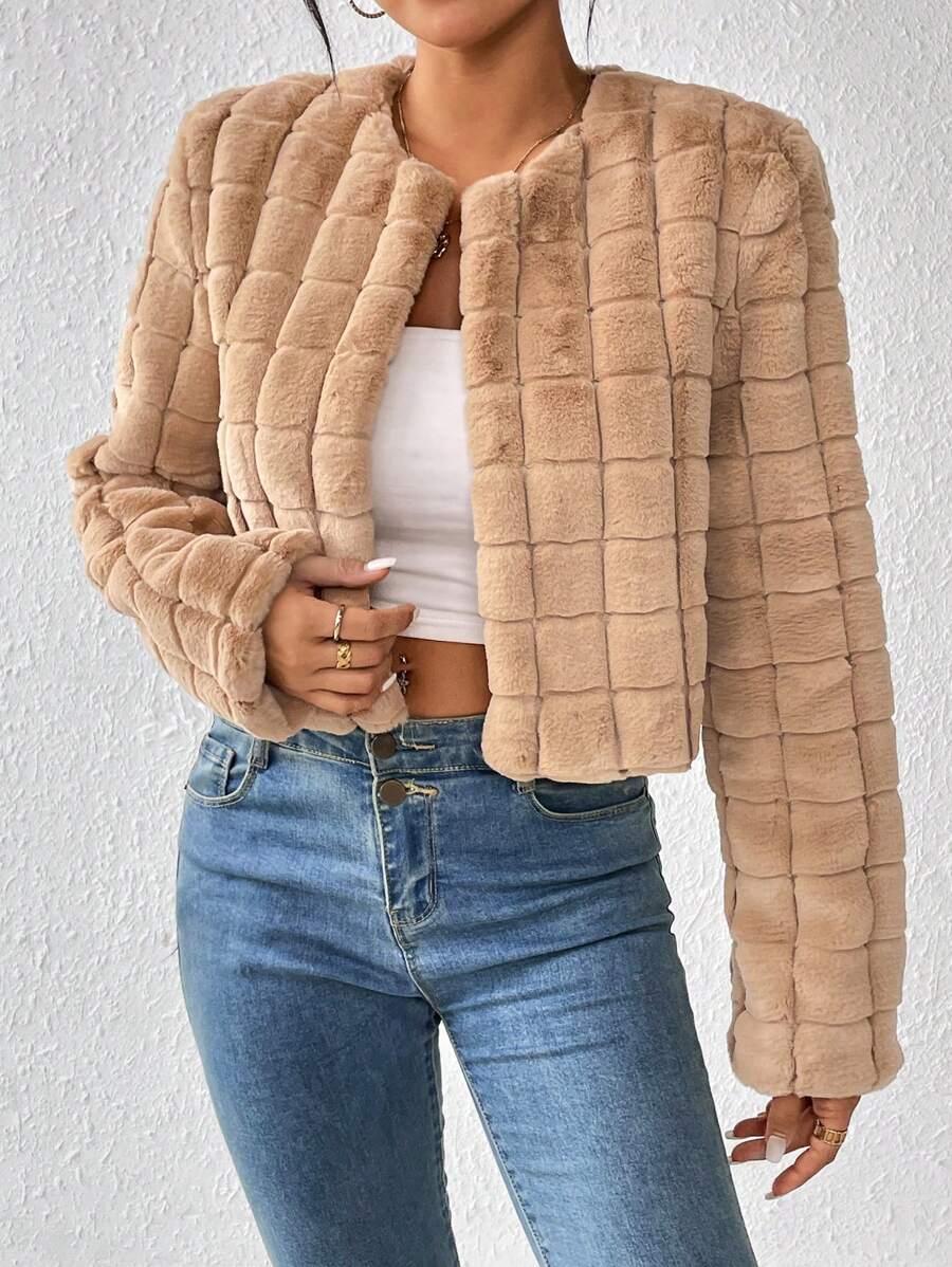 SHEIN Privé Chất rắn Mở Mặt trước Mùa vụ
Fuzzy áo - Màu Khaki - Xem 1