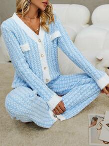 SHEIN LUNE Contrast Trim Cardigan & Knit Pants - Blue and White - View 5