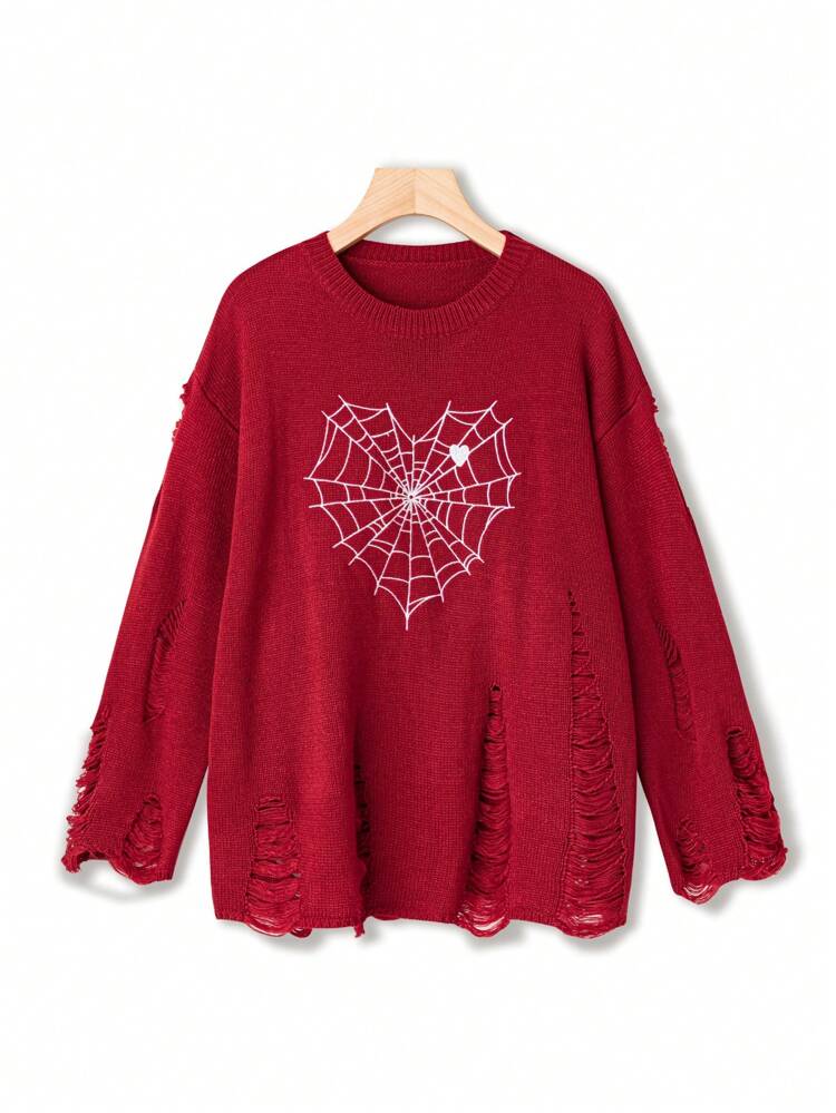 Plus Spider Web Pattern Ripped Drop Shoulder Sweater Knit Pullover Fall Winter Sweater