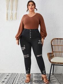 SHEIN LUNE Plus Button Fly Ripped Raw Cut Skinny Jeans - Black - View 1