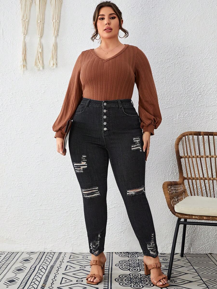 SHEIN LUNE Plus Button Fly Ripped Raw Cut Skinny Jeans - Black - View 1