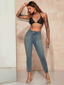 SHEIN BAE High Waist Skinny Cropped Jeans - Blue - View 1