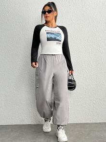 SHEIN EZwear 大碼字母圖案插肩袖T恤 - 彩色 - 查看 4