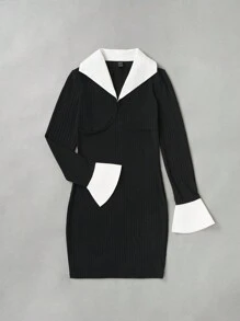 SHEIN EZwear 拼接領緊身洋裝 - 深灰色 - 查看 3