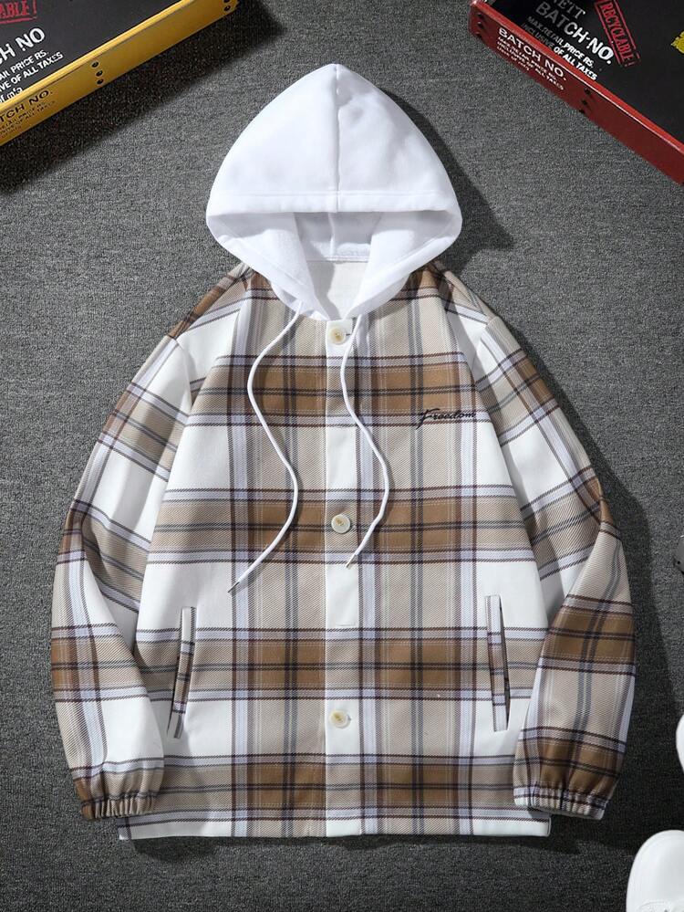Men Plaid Print Drawstring Hooded Overcoat