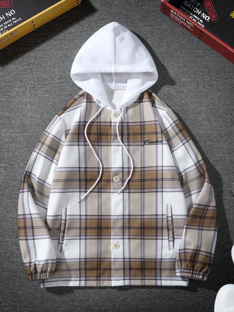 Manfinity Roghcode Men Plaid Print Drawstring Hooded Overcoat - Multicolor - View 1