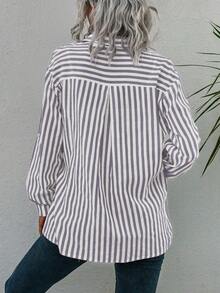 SHEIN LUNE Striped Print Flap Pocket Drop Shoulder Shirt - Mauve Purple - View 2