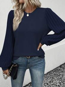 SHEIN LUNE Solid Bishop Sleeve Tee - Navy Blue - View 5