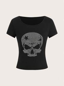 ROMWE Grunge Punk Camiseta con patrón de calavera y estrella con rhinestones, escuela