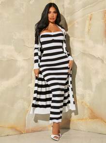 SHEIN SXY Striped Pattern Sweater Dress Without Cardigan - Black and White - View 1