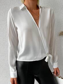 EURMUSE Solid Wrap Knot Side Shirt - trắng - Xem 6