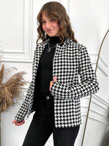 RueChic Tween Girl Houndstooth Print Single Breasted Coat - Black and White - View 3