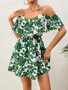SHEIN VCAY Floral Print Cold Shoulder Ruffle Trim Belted Dress - Green - View 4